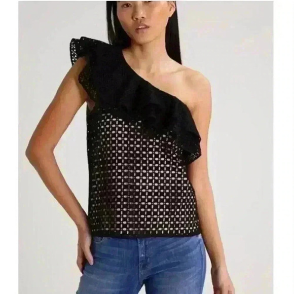 J. Crew Size 0 One Shoulder Eyelet Black Ruffle Top Style - Picture 2 of 10